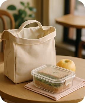 A small, insulated lunch bag made from organic cotton with a waterproof lining